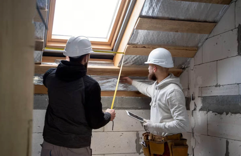 Contractors assess skylight installation during a home renovation in Austin, TX—ensuring proper measurements, insulation, and energy-efficient upgrades.