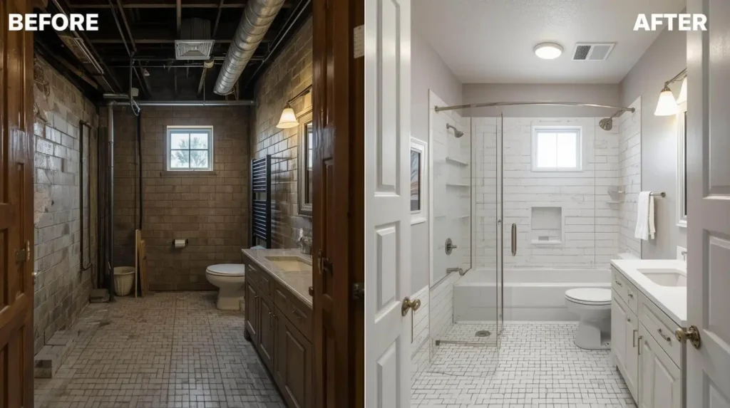 Basement bathroom remodel before and after showing lighting, layout, and fixture improvements in an Austin home