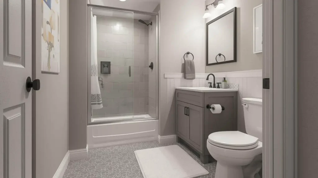 Basement bathroom remodel cost planning showing practical layout and material choices in Austin
