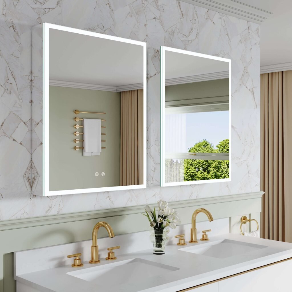 Accessible bathroom vanity with wall-mounted design, bright lighting, and clear movement space