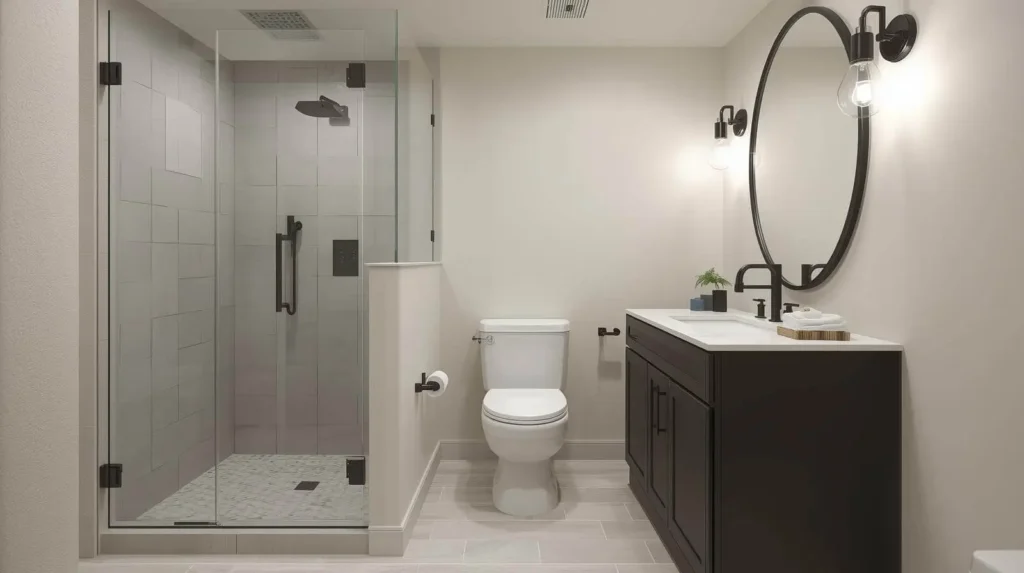 Small basement bathroom remodel in Austin with compact layout, corner shower, and space-saving fixtures
