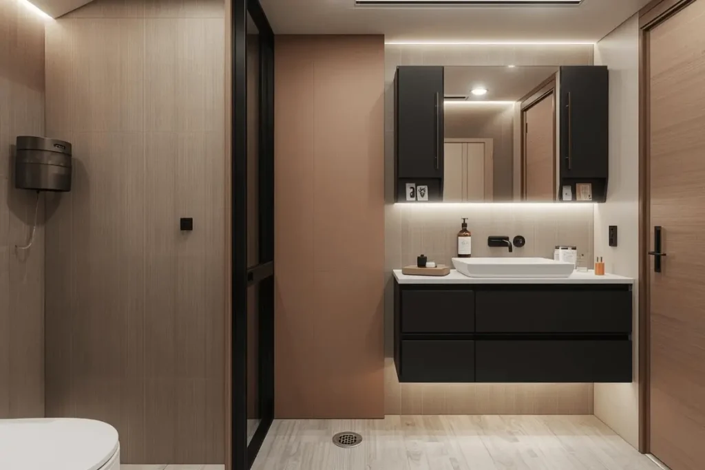 Modern RV bathroom remodel in Austin showing compact layout upgrades, lightweight materials, and improved daily comfort.
