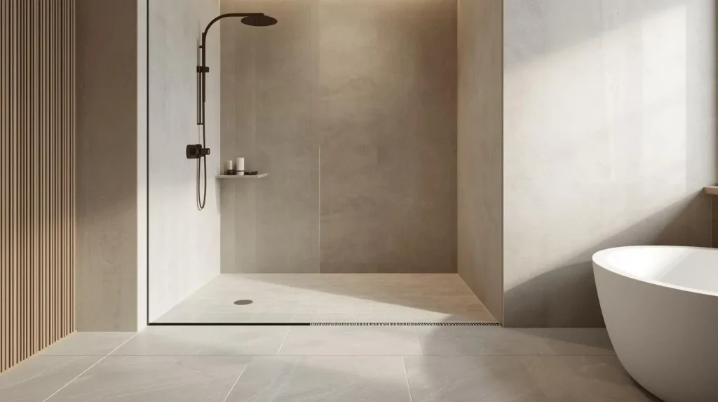 Curbless master bathroom walk in shower design in Austin with seamless flooring and modern spa-style layout