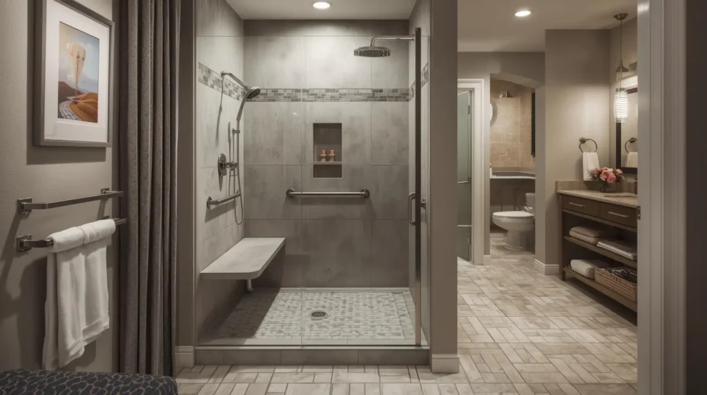 Master bathroom layout ideas with walk in shower and whirlpool tub in a luxury Austin home remodel