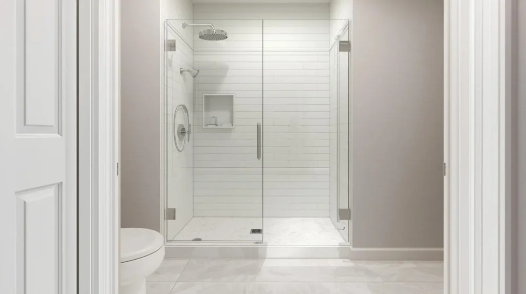 Small master bathroom ideas with walk-in shower using frameless glass and space-saving modern layout