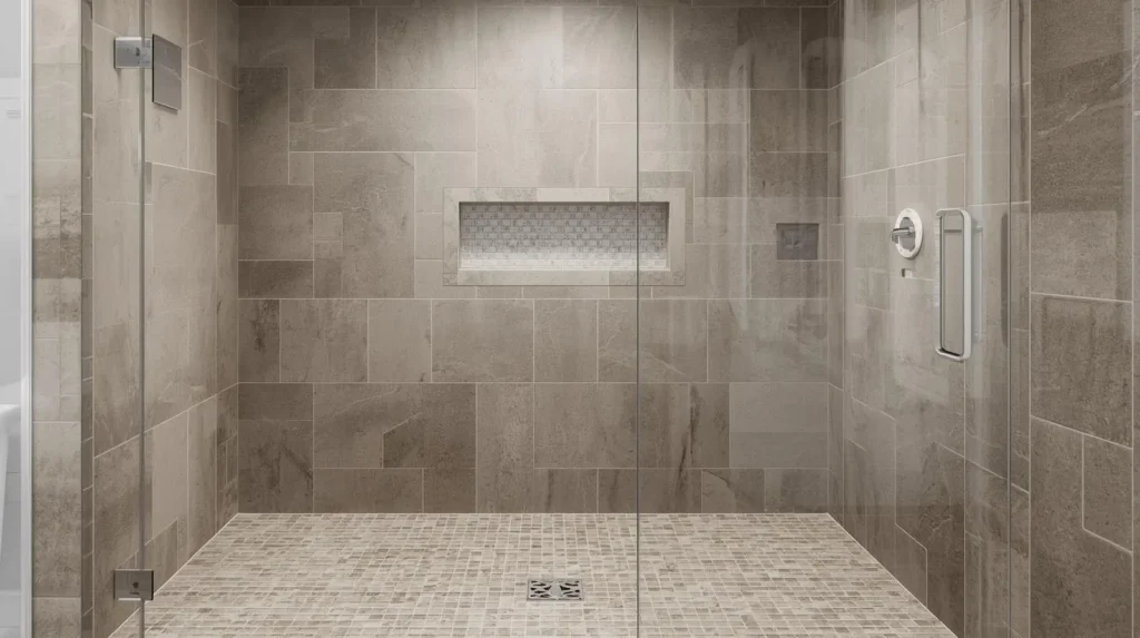 Master bathroom walk in shower tile ideas featuring large-format porcelain tiles and recessed niche design