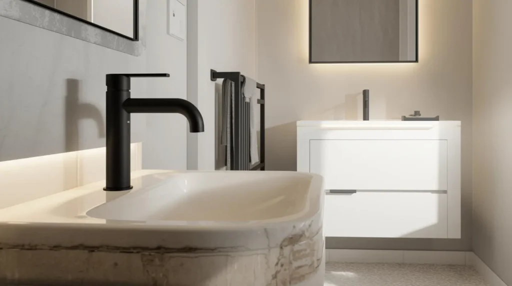 Powder room bathroom ideas with matte black fixtures and coordinated hardware
