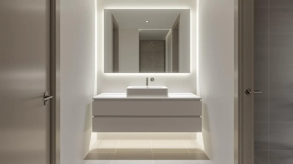 Small powder room bathroom ideas with floating vanity and open floor space