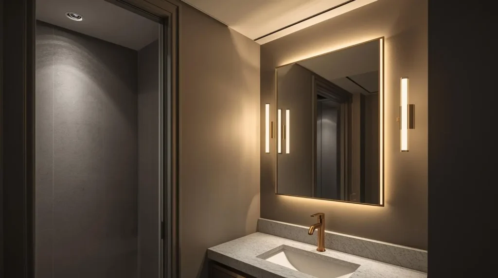 Powder room bathroom ideas featuring layered lighting with sconces and recessed ceiling lights