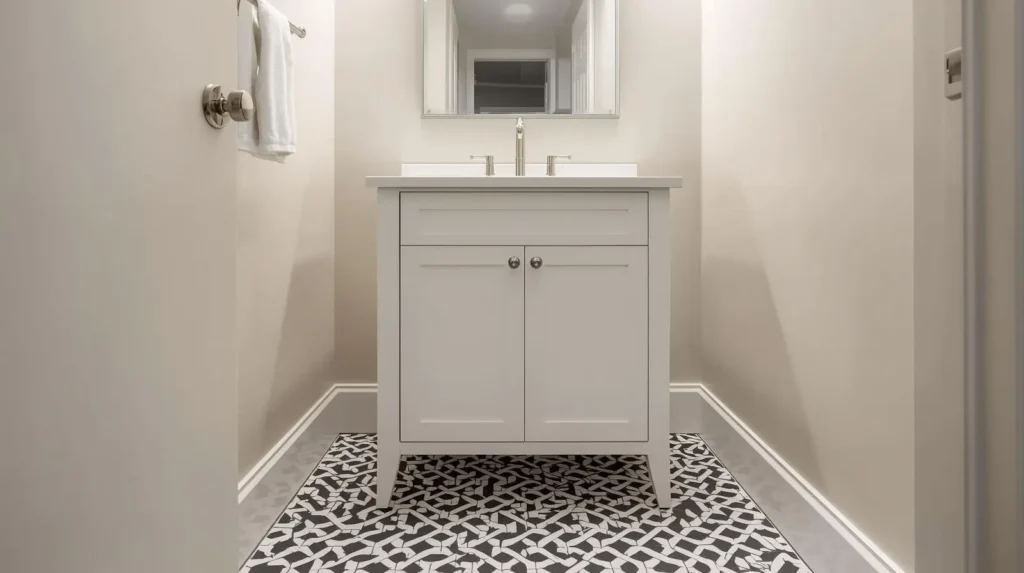 Powder room bathroom ideas with patterned porcelain tile flooring and modern vanity