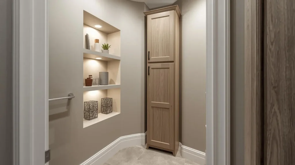 Small powder room bathroom ideas with recessed shelving and vertical storage cabinet