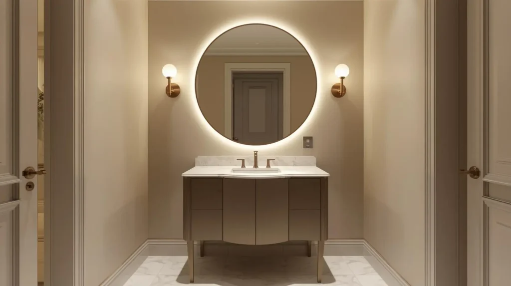 Powder room bathroom ideas with oversized round statement mirror and modern vanity
