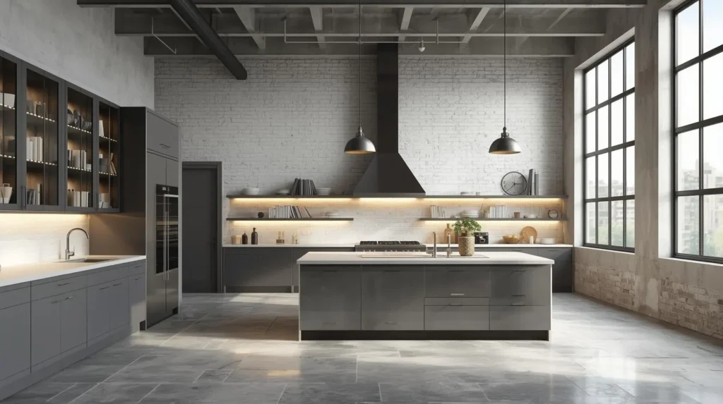 industrial kitchen remodel with dark cabinets and LED accent lighting