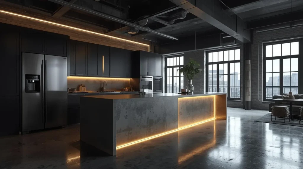 industrial kitchen remodel with dark cabinets and LED accent lighting