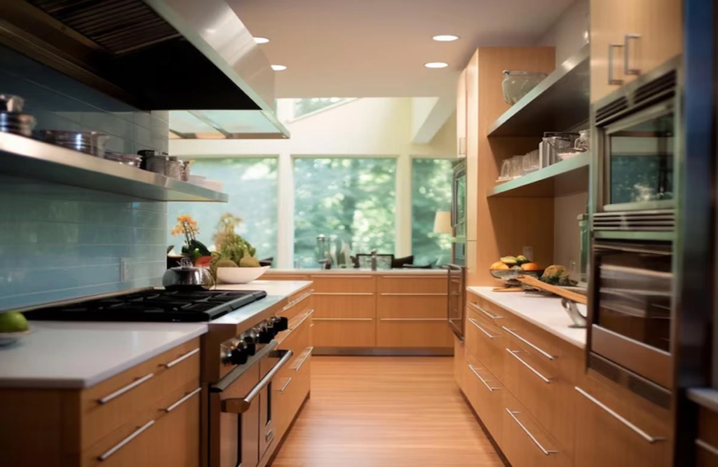 Experience modern kitchen remodeling in Austin with natural wood tones, smart storage, and abundant natural light for an airy and functional space.
