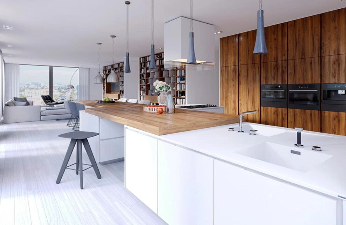 Achieve a modern yet warm look with sleek cabinetry and rich wood finishes. A perfect example of elegant kitchen and bath remodeling in Austin.