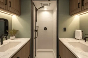 Small RV bathroom remodel in Austin featuring space-saving fixtures, moisture-safe surfaces, and efficient design.