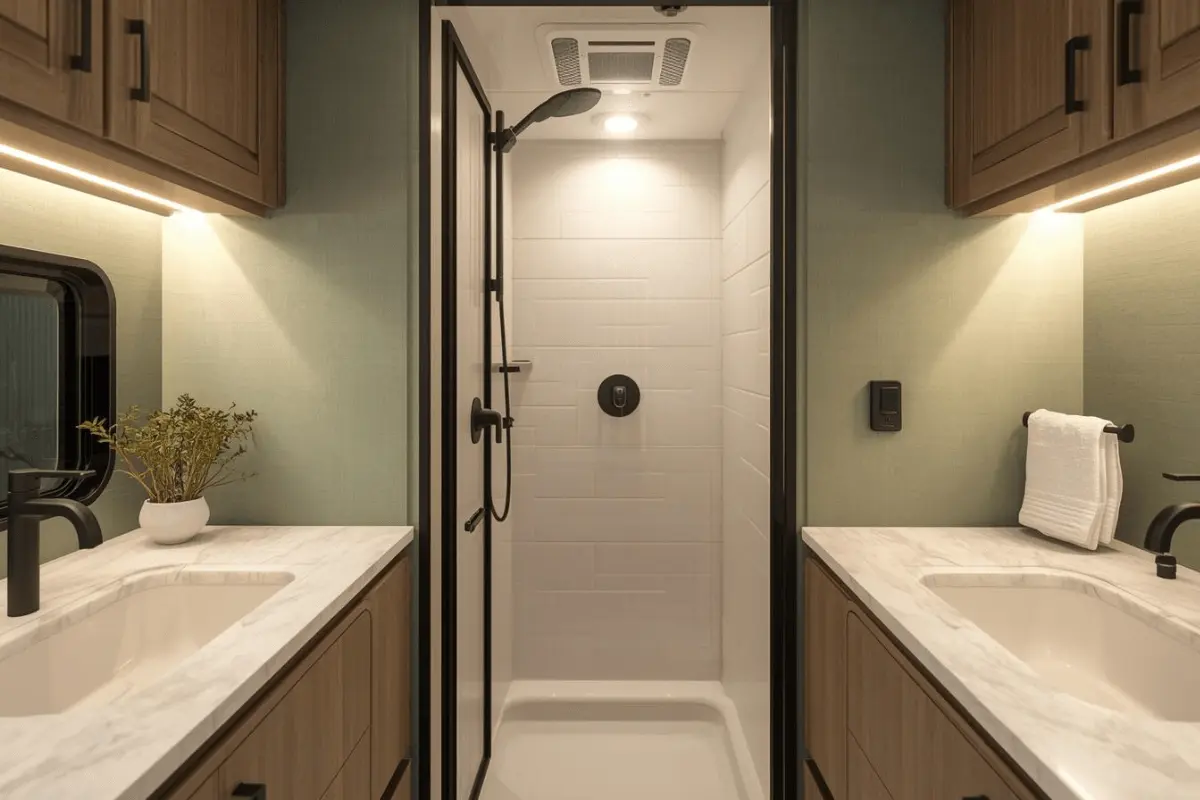 Small RV bathroom remodel in Austin featuring space-saving fixtures, moisture-safe surfaces, and efficient design.