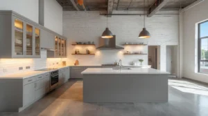 industrial kitchen remodel with concrete island and LED strip lighting